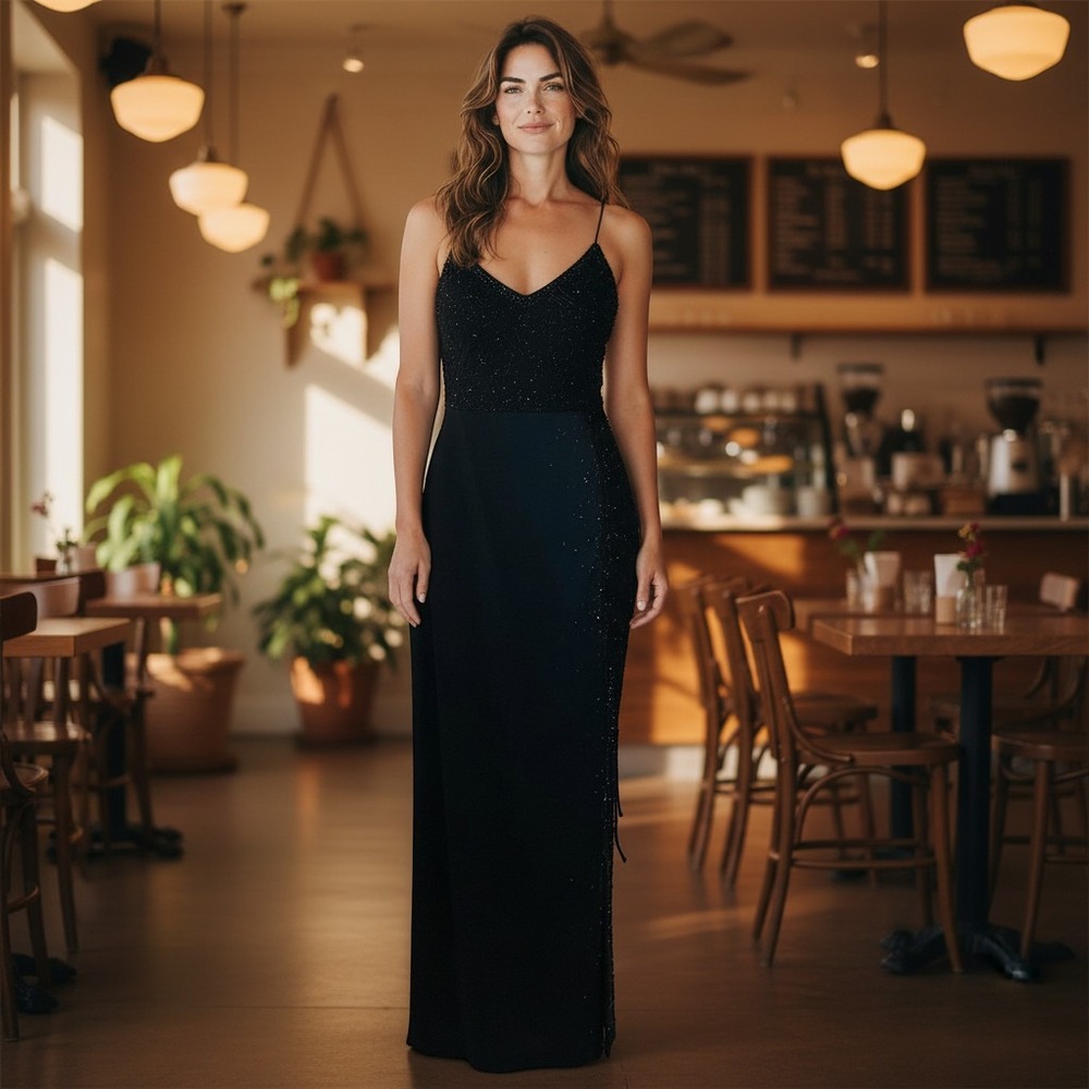 Niki by Niki Livas Black Beaded Lace Up Side Maxi Dress Formal Gown Size 6 HOCO